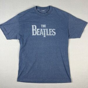 VTG The Beatles Band T Shirt Fits Medium 2003 Y2K Spellout Blue Distressed Music